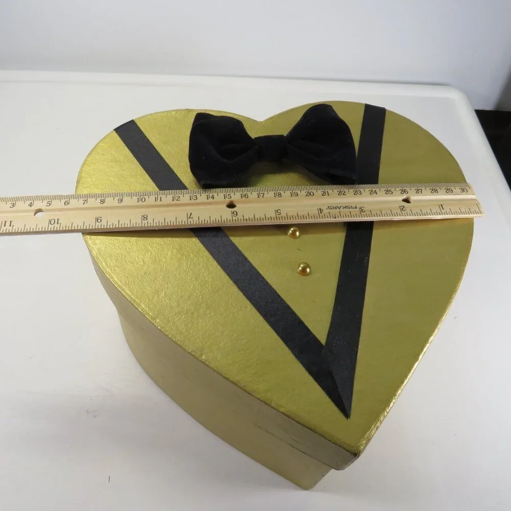 Gold Tux Heart Gift Box w velvet bow tie & pearl dots 9.5
